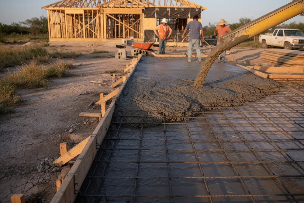 Concrete slab pour on a residential job, rebar grid in the foreground